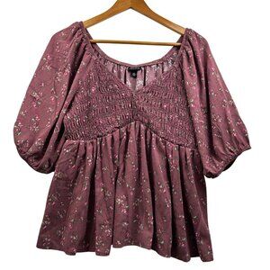 Torrid Floral Babydoll Peplum Top Burgundy Pink Puff Sleeve Size 00 (Size 10)